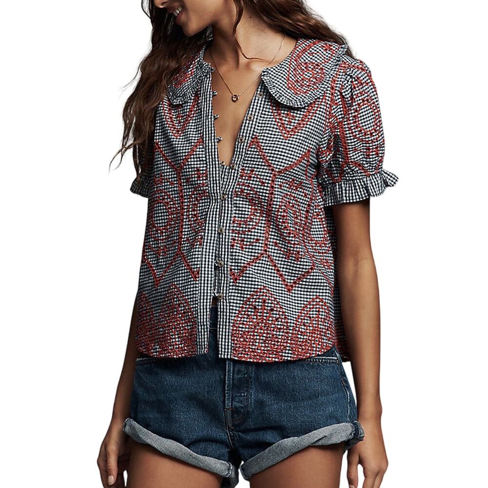 Pilcro Embroidered Multicolor Keira Gingham Blouse Size S